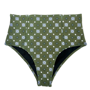 Olive Geometric Batik | High Waisted Bikini Bottoms